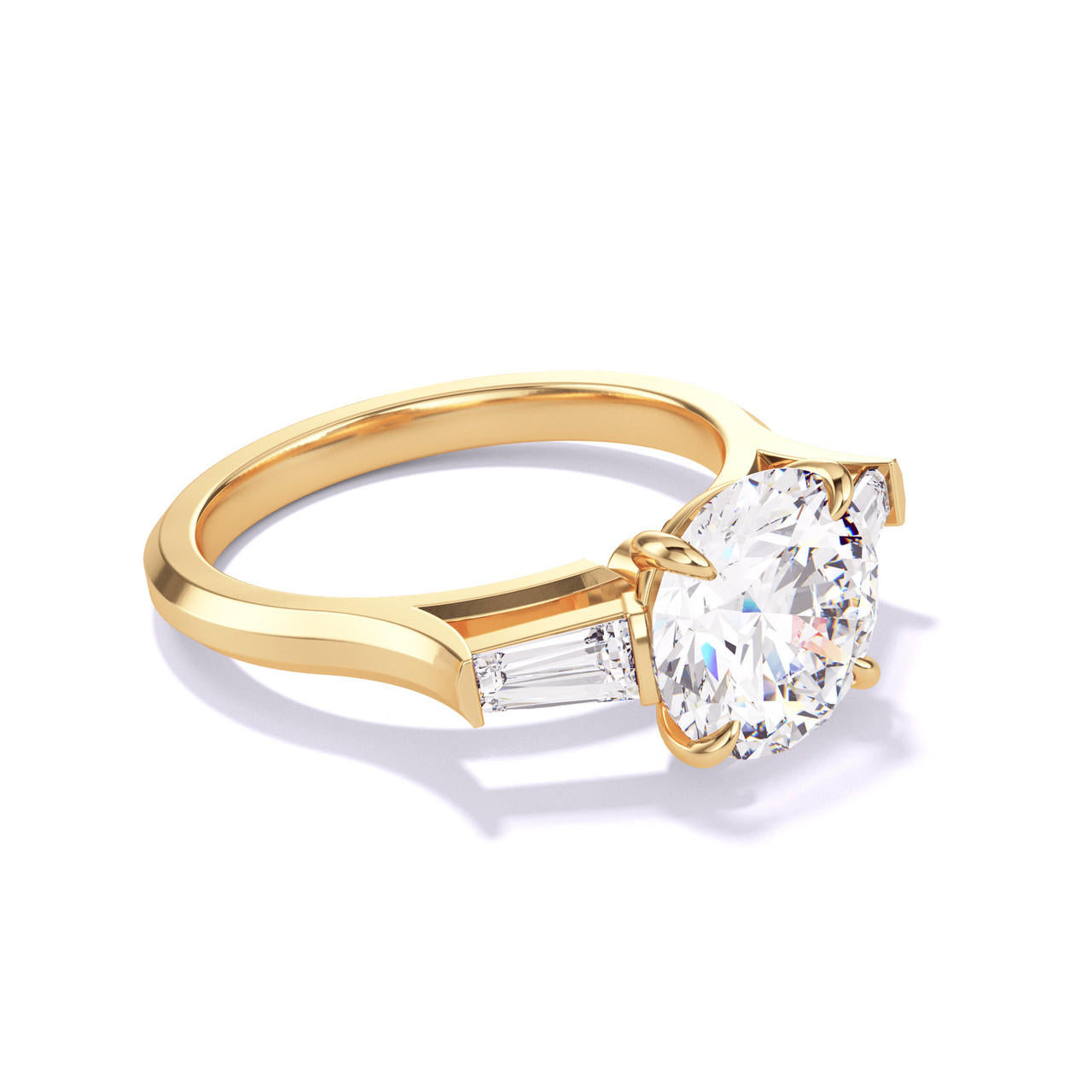 ROUND CUT DIAMOND ENGAGEMENT RING WITH A BAGUETTE FLANK THREE PHASES SLIM SETTING IN 18K YELLOW GOLD