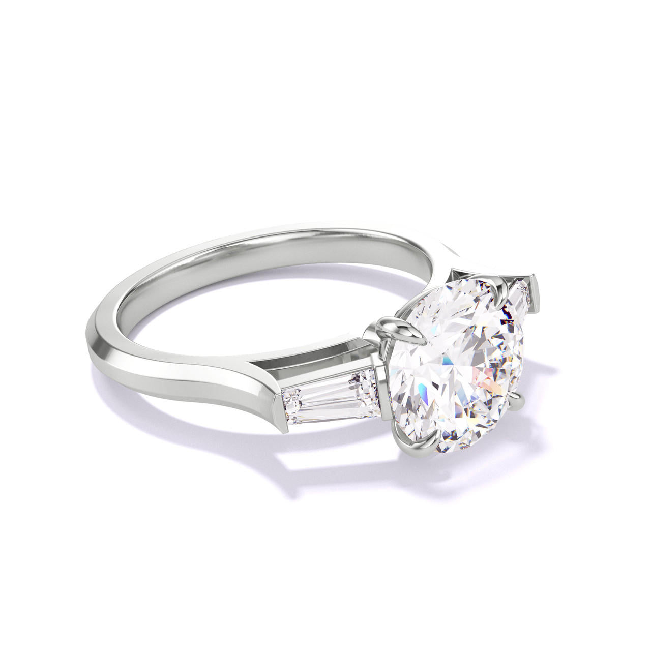 ROUND CUT DIAMOND ENGAGEMENT RING WITH A BAGUETTE FLANK THREE PHASES SLIM SETTING IN PLATINUM