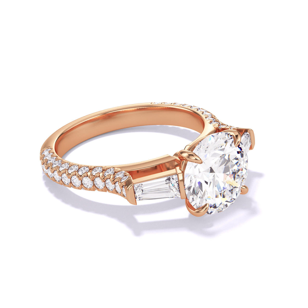 ROUND CUT DIAMOND ENGAGEMENT RING WITH A BAGUETTE FLANK THREE PHASES TRIPLE PAVE SETTING IN 18K ROSE GOLD