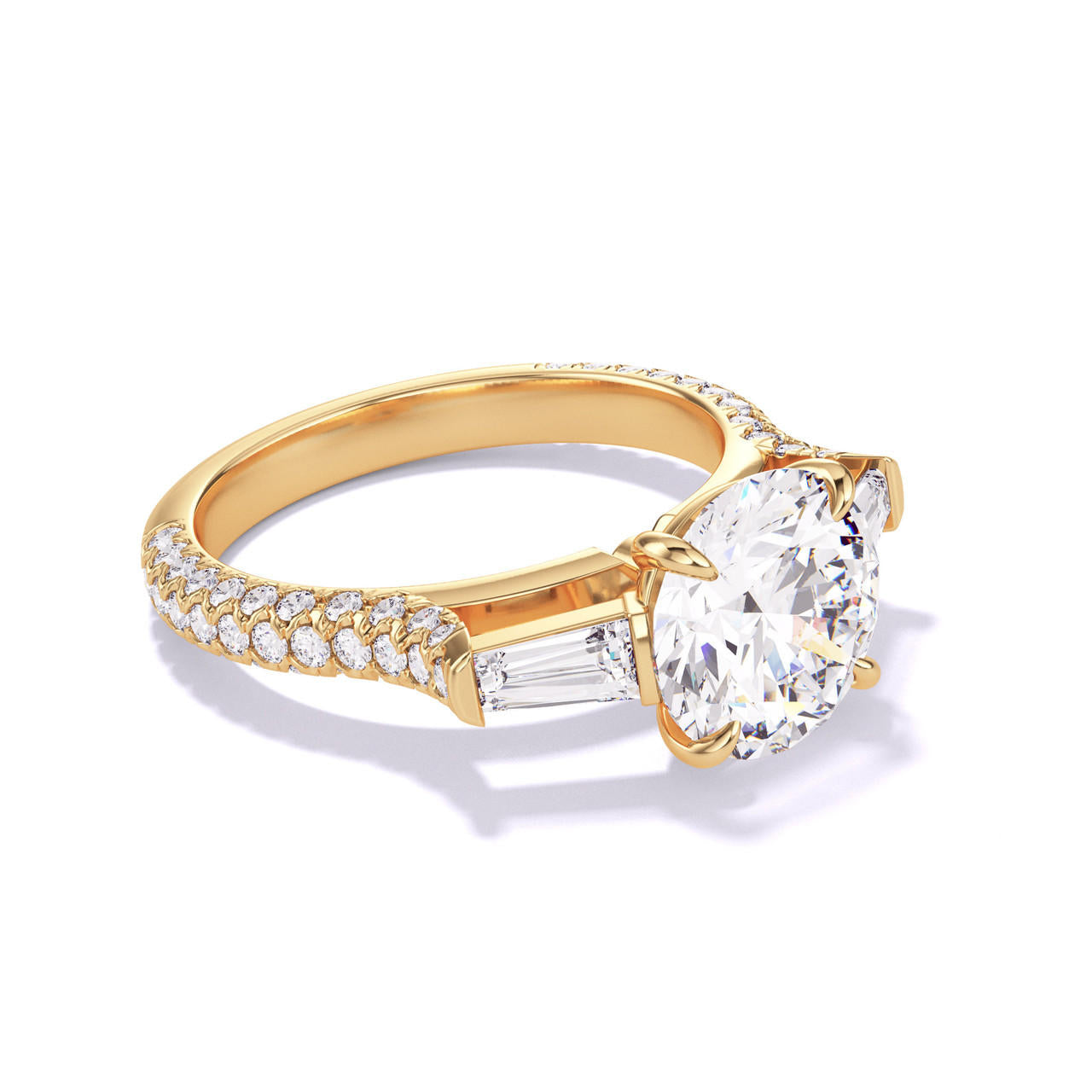 ROUND CUT DIAMOND ENGAGEMENT RING WITH A BAGUETTE FLANK THREE PHASES TRIPLE PAVE SETTING IN 18K YELLOW GOLD