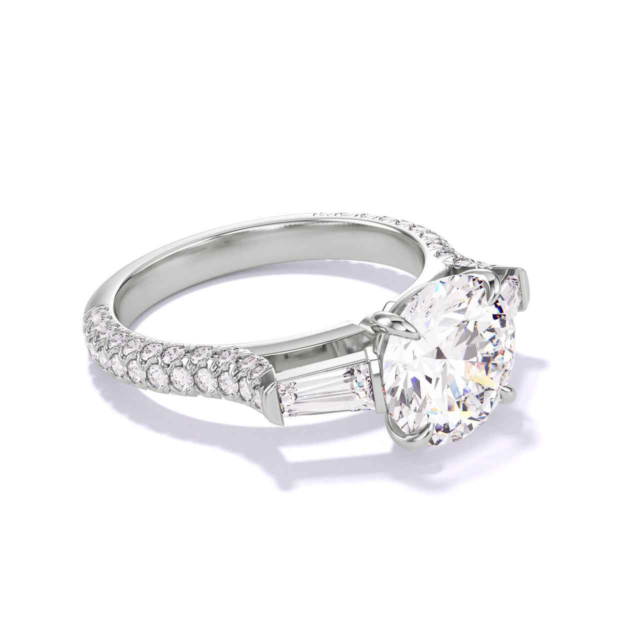 Platinum Round Engagement Ring with a Baguette Flank Pave Band Setting