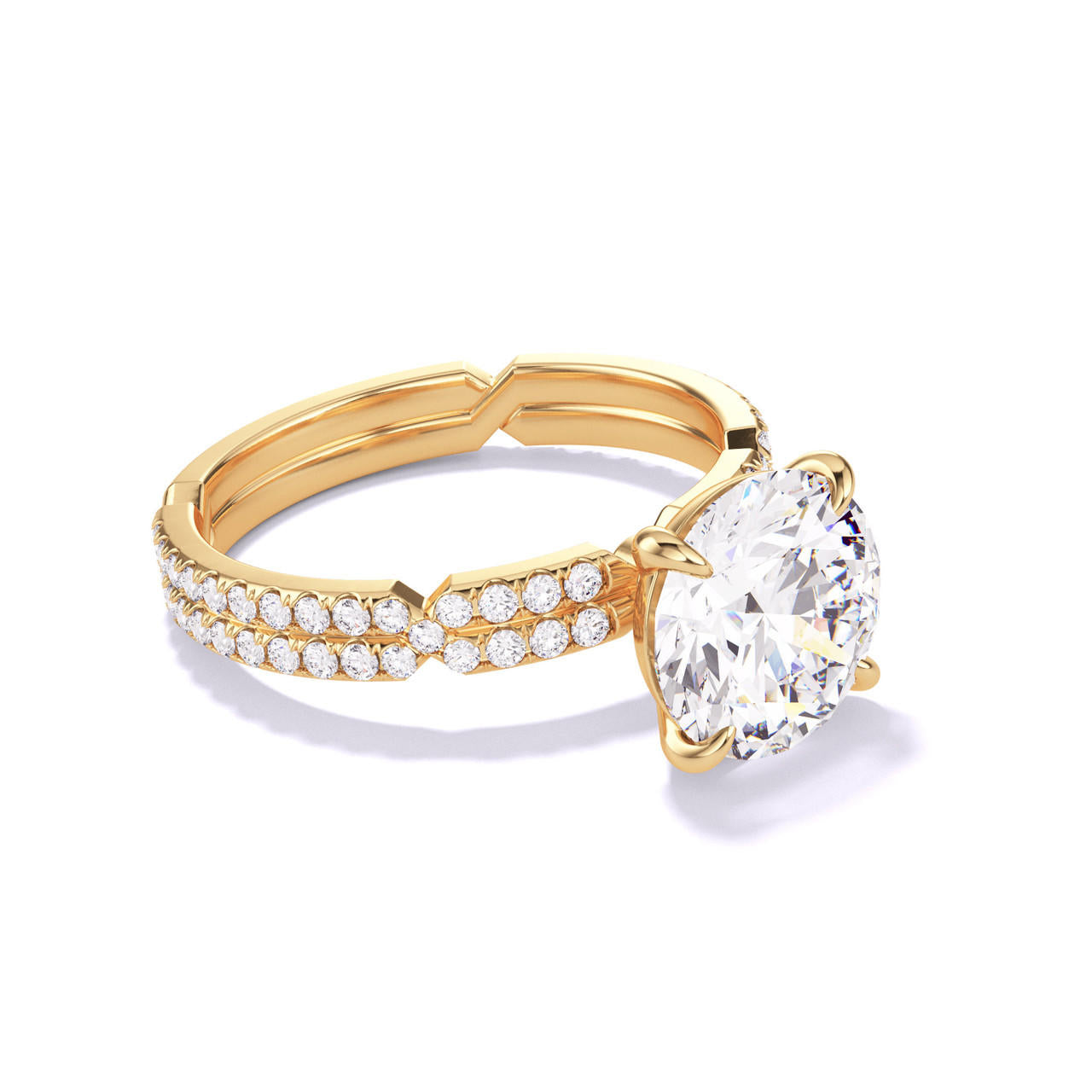 ROUND CUT DIAMOND ENGAGEMENT RING WITH A CLASSIC 4 PRONG CHANCE PAVE SETTING IN 18K YELLOW GOLD