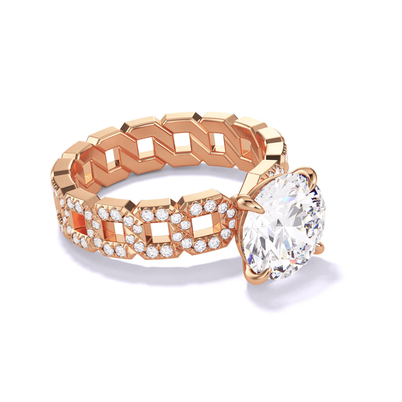 ROUND CUT DIAMOND ENGAGEMENT RING WITH A CLASSIC 4 PRONG 16 PAVE LINKS SETTING IN 18K ROSE GOLD