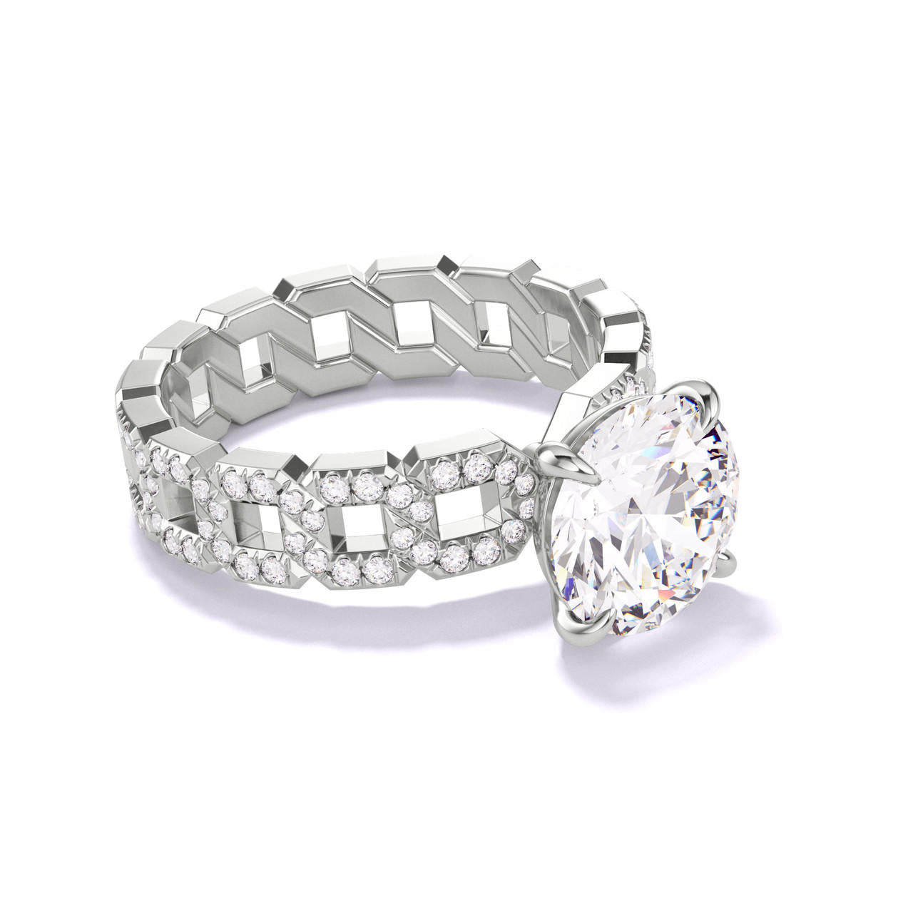 round cut diamond engagement ring with a classic 4 prong 16 pave links setting in platinum