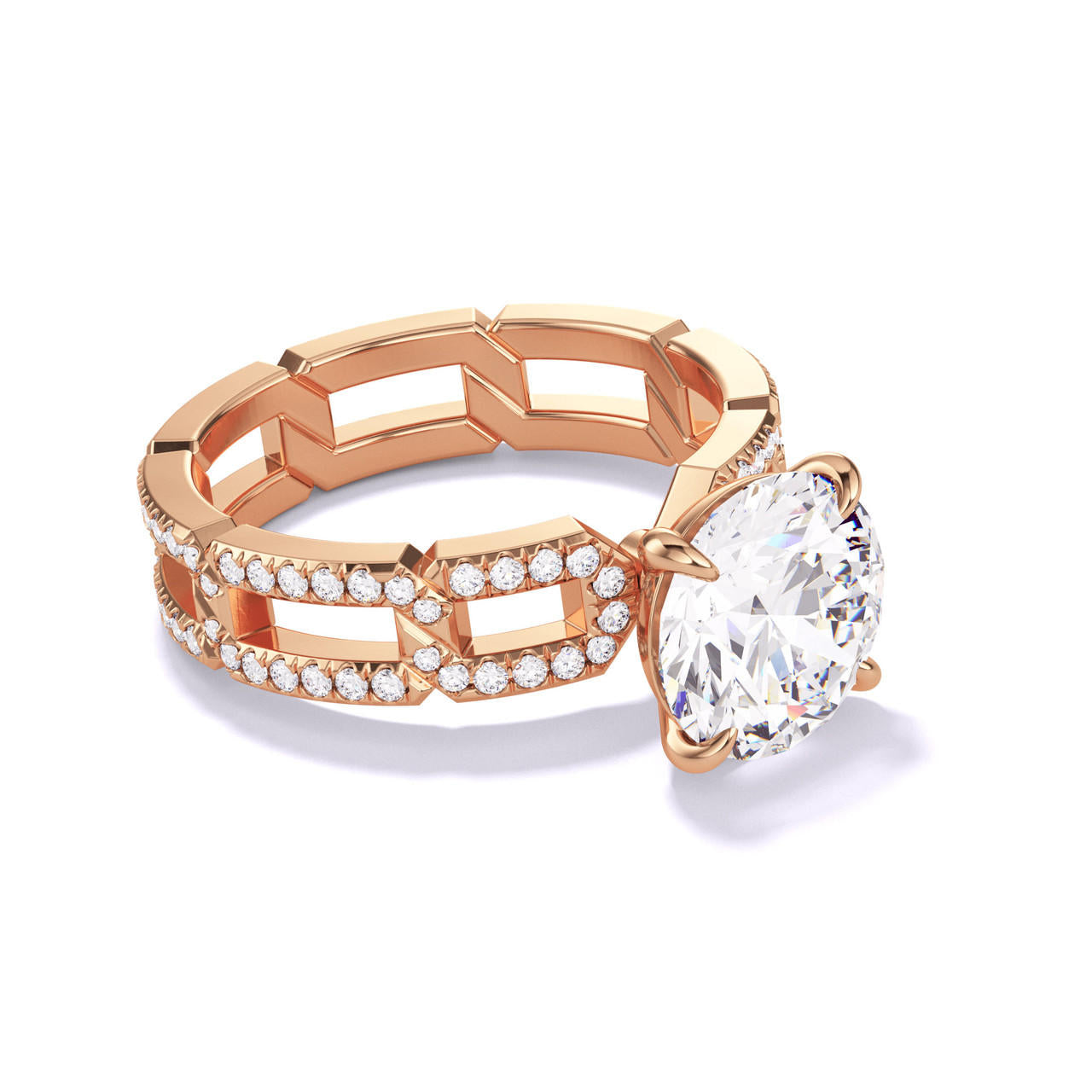 ROUND CUT DIAMOND ENGAGEMENT RING WITH A CLASSIC 4 PRONG 8 PAVE LINKS SETTING IN 18K ROSE GOLD