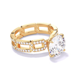 ROUND CUT DIAMOND ENGAGEMENT RING WITH A CLASSIC 4 PRONG 8 PAVE LINKS SETTING IN 18K YELLOW GOLD