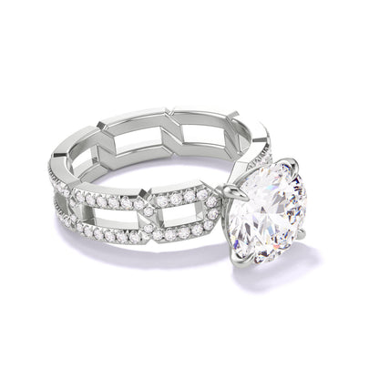 ROUND CUT DIAMOND ENGAGEMENT RING WITH A CLASSIC 4 PRONG 8 PAVE LINKS SETTING IN PLATINUM