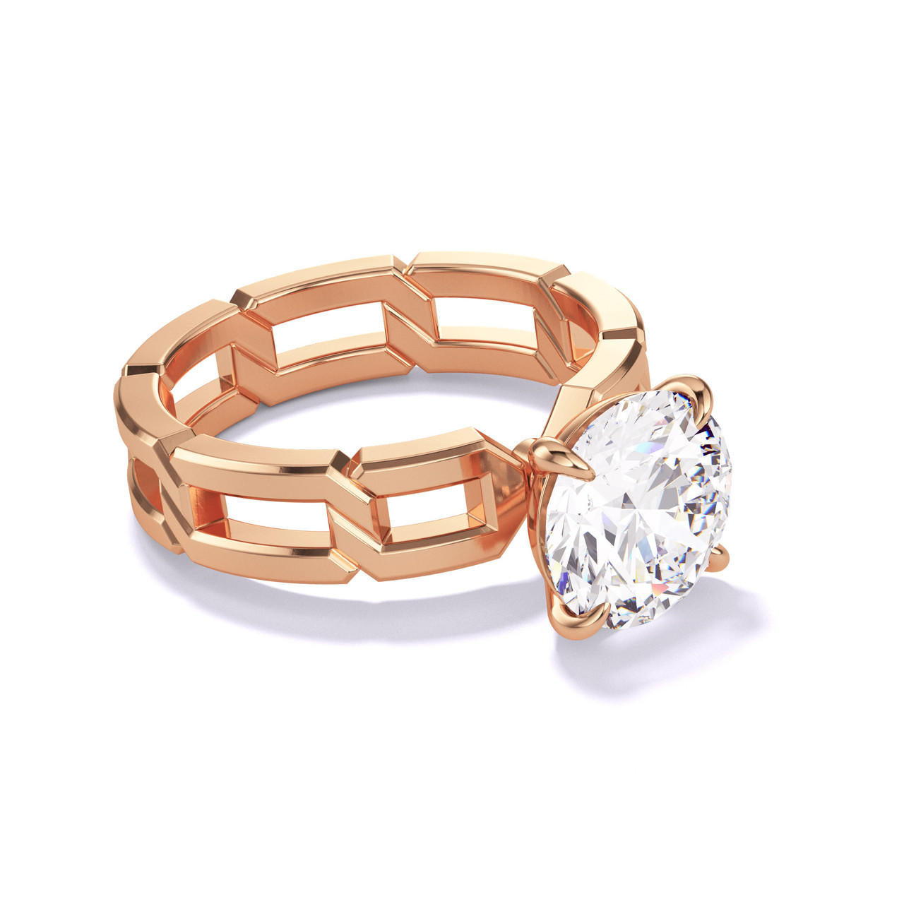 ROUND CUT DIAMOND ENGAGEMENT RING WITH A CLASSIC 4 PRONG 8 LINKS SETTING IN 18K ROSE GOLD