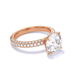 ROUND CUT DIAMOND ENGAGEMENT RING WITH A CLASSIC 4 PRONG THREE PHASES TRIPLE PAVE SETTING IN 18K ROSE GOLD