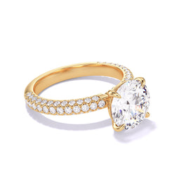 ROUND CUT DIAMOND ENGAGEMENT RING WITH A CLASSIC 4 PRONG THREE PHASES TRIPLE PAVE SETTING IN 18K YELLOW GOLD