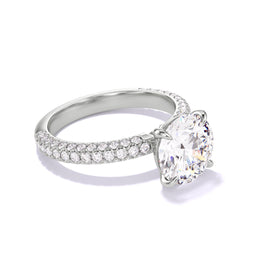 ROUND CUT DIAMOND ENGAGEMENT RING WITH A CLASSIC 4 PRONG THREE PHASES TRIPLE PAVE SETTING IN PLATINUM