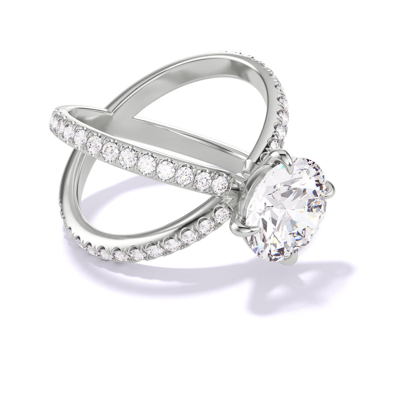 ROUND CUT DIAMOND ENGAGEMENT RING WITH A COMPASS 4 PRONG AXIS PAVE SETTING IN PLATINUM