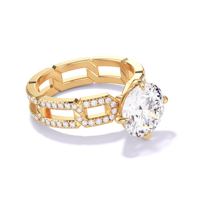 ROUND CUT DIAMOND ENGAGEMENT RING WITH A COMPASS 4 PRONG 8 PAVE LINKS SETTING IN 18K YELLOW GOLD