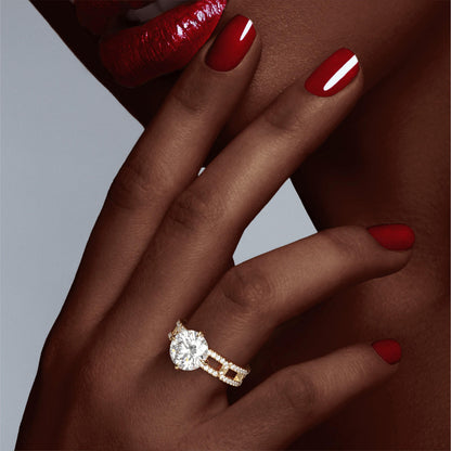 ROUND CUT DIAMOND ENGAGEMENT RING WITH A COMPASS 4 PRONG 8 PAVE LINKS SETTING IN 18K YELLOW GOLD