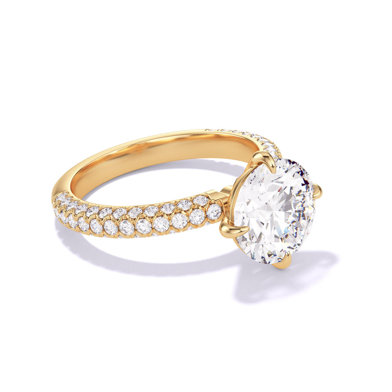 Gold Round Engagement Ring with a Compass 4 Prong Three Phases Triple Pave Setting