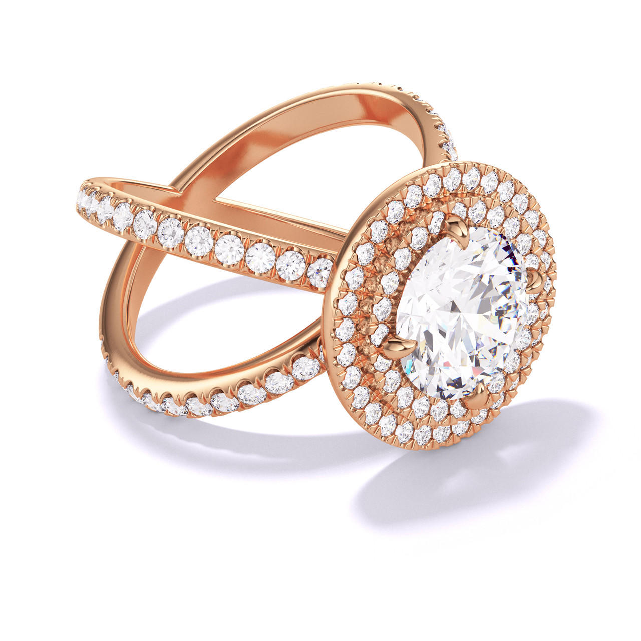 ROUND CUT DIAMOND ENGAGEMENT RING WITH A DOUBLE HALO AXIS PAVE SETTING IN 18K ROSE GOLD