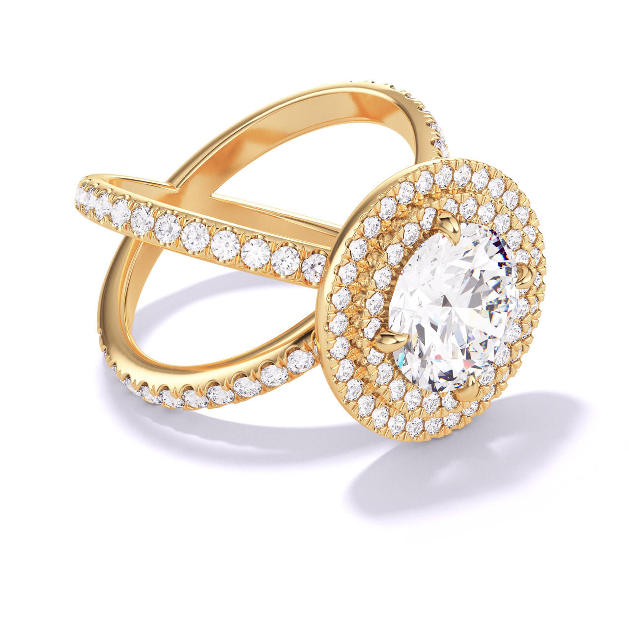 ROUND CUT DIAMOND ENGAGEMENT RING WITH A DOUBLE HALO AXIS PAVE SETTING IN 18K YELLOW GOLD