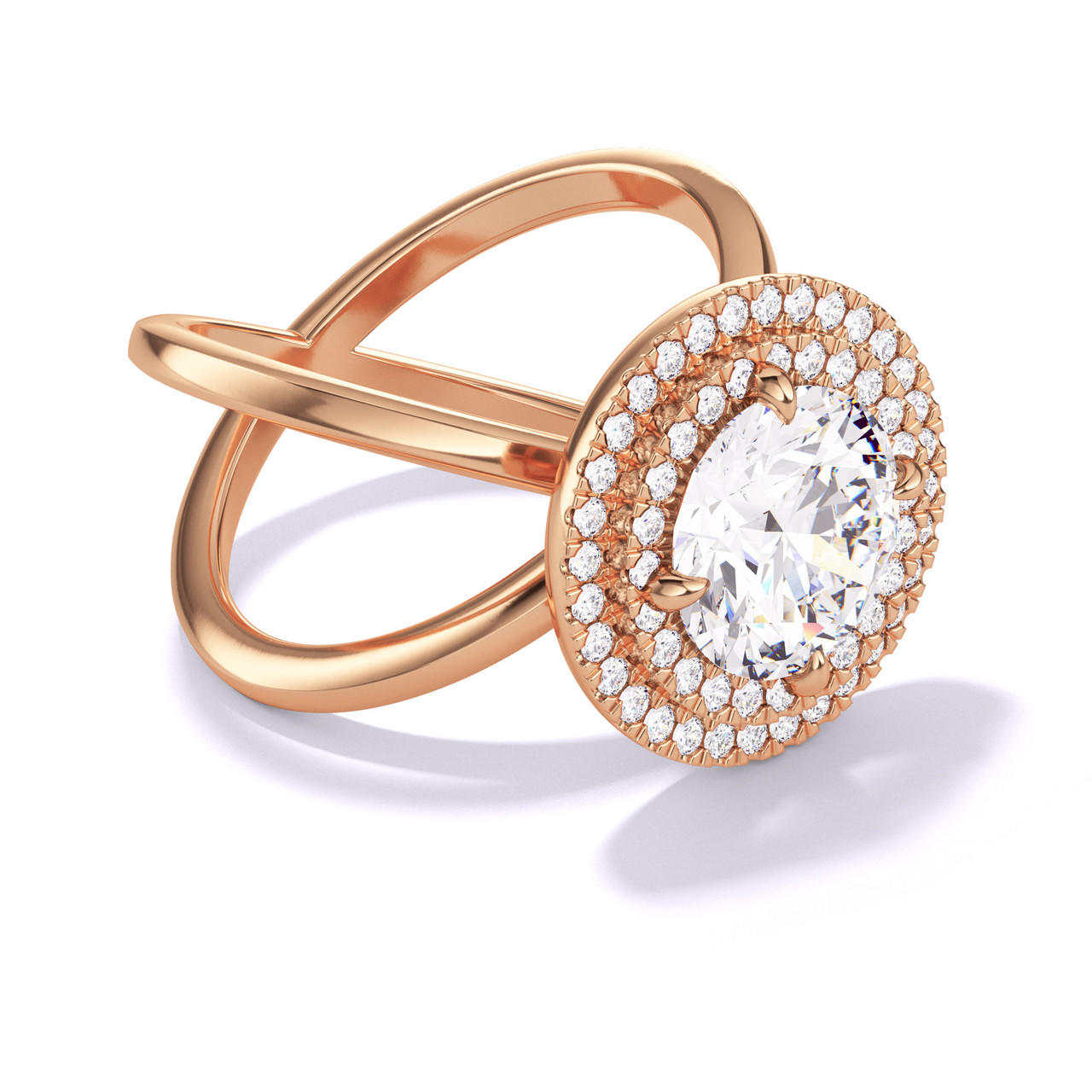 ROUND CUT DIAMOND ENGAGEMENT RING WITH A DOUBLE HALO AXIS SETTING IN 18K ROSE GOLD