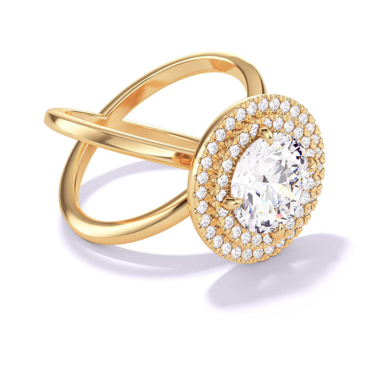 ROUND CUT DIAMOND ENGAGEMENT RING WITH A DOUBLE HALO AXIS SETTING IN 18K YELLOW GOLD