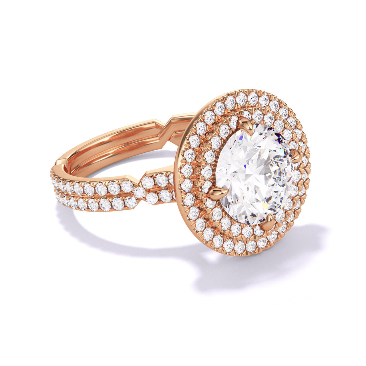 ROUND CUT DIAMOND ENGAGEMENT RING WITH A DOUBLE HALO CHANCE PAVE SETTING IN 18K ROSE GOLD