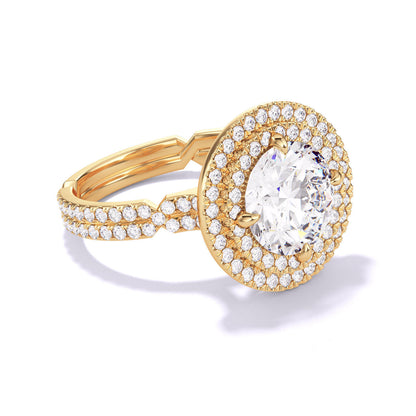 ROUND CUT DIAMOND ENGAGEMENT RING WITH A DOUBLE HALO CHANCE PAVE SETTING IN 18K YELLOW GOLD