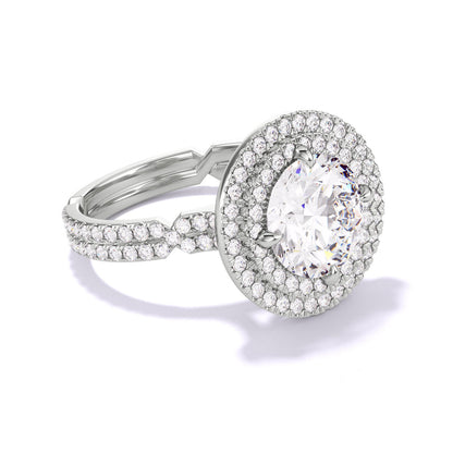 ROUND CUT DIAMOND ENGAGEMENT RING WITH A DOUBLE HALO CHANCE PAVE SETTING IN PLATINUM