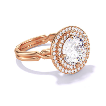 ROUND CUT DIAMOND ENGAGEMENT RING WITH A DOUBLE HALO CHANCE SETTING IN 18K ROSE GOLD