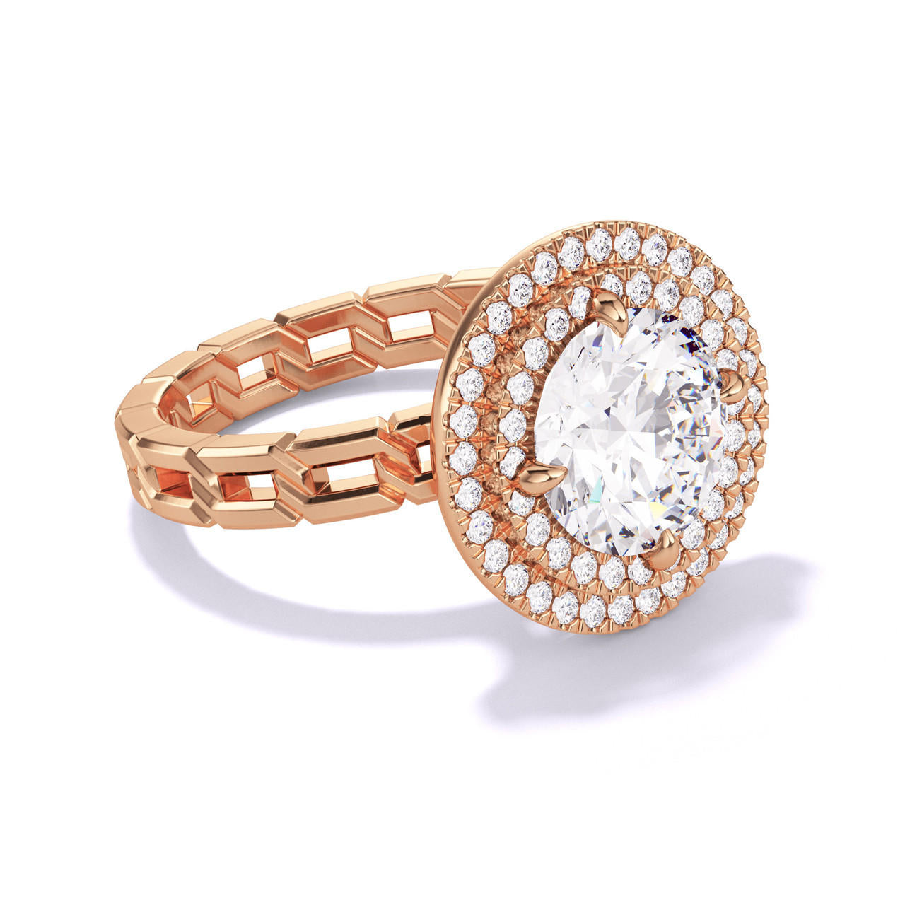 ROUND CUT DIAMOND ENGAGEMENT RING WITH A DOUBLE HALO 16 LINKS SETTING IN 18K ROSE GOLD