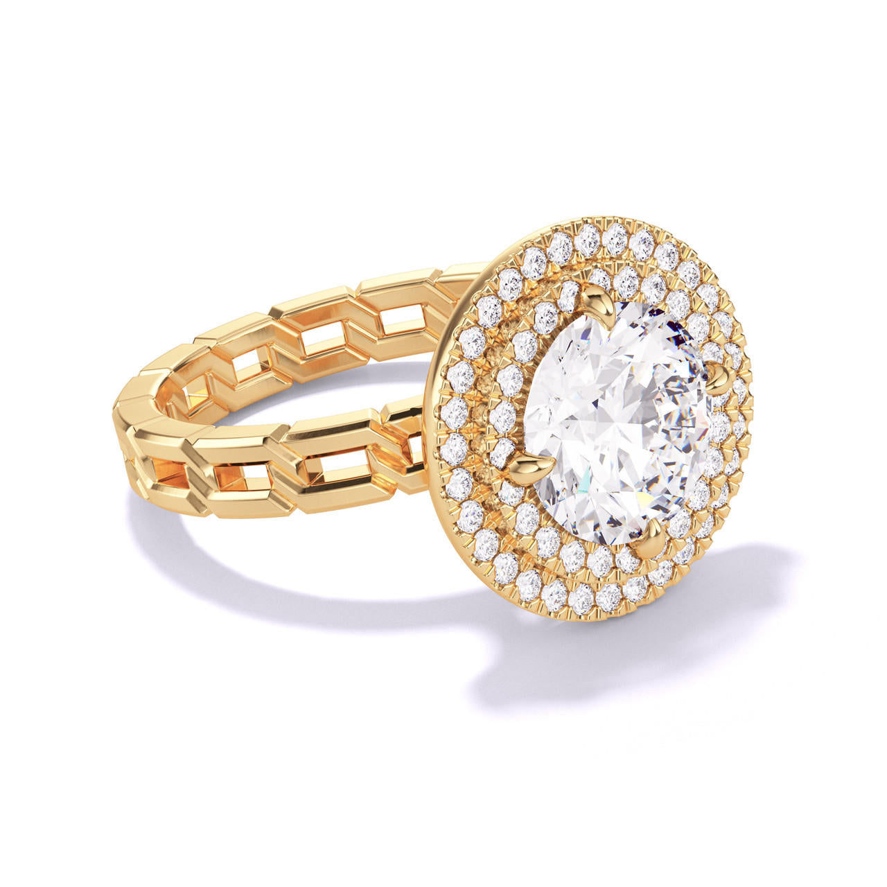 ROUND CUT DIAMOND ENGAGEMENT RING WITH A DOUBLE HALO 16 LINKS SETTING IN 18K YELLOW GOLD