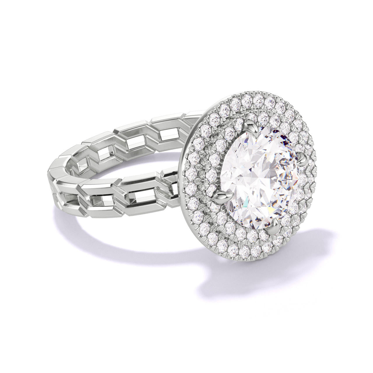 ROUND CUT DIAMOND ENGAGEMENT RING WITH A DOUBLE HALO 16 LINKS SETTING IN PLATINUM