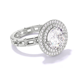 Angled view of a Platinum Engagement Ring by Lindsey Scoggins Studio, featuring a Round-Cut Diamond with a double halo and 16 links setting.