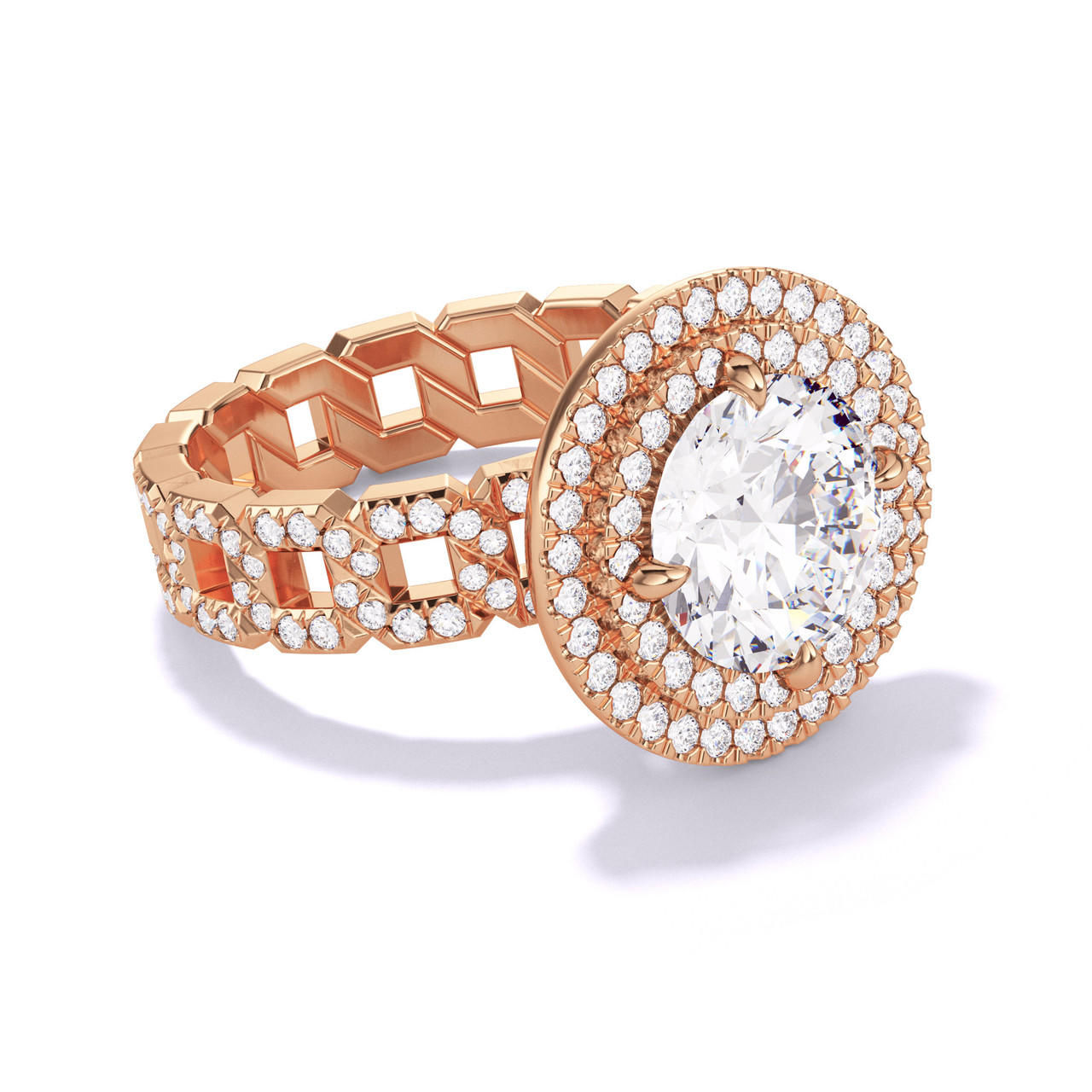 ROUND CUT DIAMOND ENGAGEMENT RING WITH A DOUBLE HALO 16 PAVE LINKS SETTING IN 18K ROSE GOLD