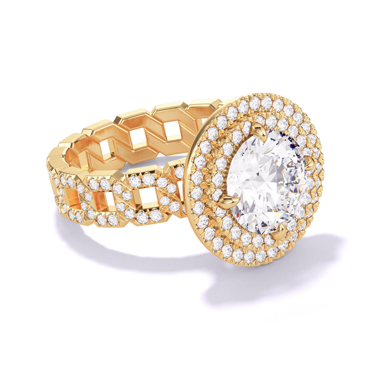 ROUND CUT DIAMOND ENGAGEMENT RING WITH A DOUBLE HALO 16 PAVE LINKS SETTING IN 18K YELLOW GOLD