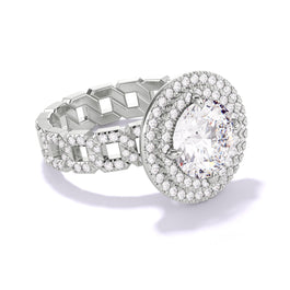 ROUND CUT DIAMOND ENGAGEMENT RING WITH A DOUBLE HALO 16 PAVE LINKS SETTING IN PLATINUM