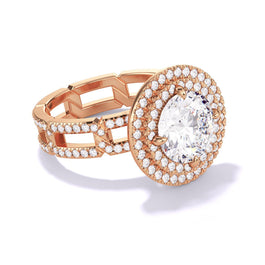 ROUND CUT DIAMOND ENGAGEMENT RING WITH A DOUBLE HALO 8 PAVE LINKS SETTING IN 18K ROSE GOLD