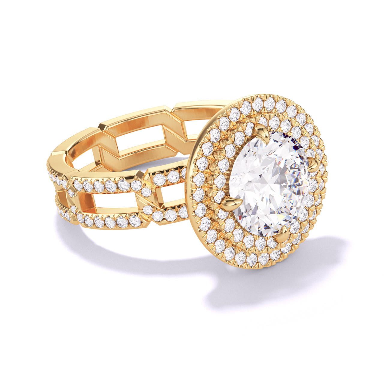 ROUND CUT DIAMOND ENGAGEMENT RING WITH A DOUBLE HALO 8 PAVE LINKS SETTING IN 18K YELLOW GOLD