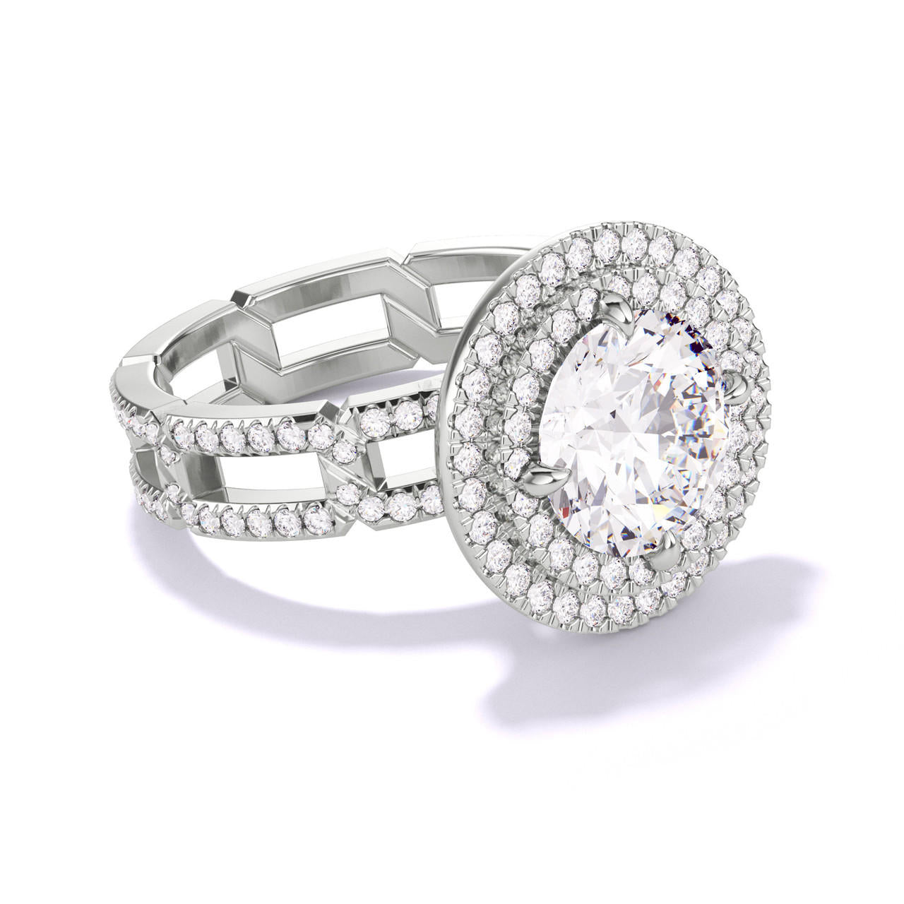 ROUND CUT DIAMOND ENGAGEMENT RING WITH A DOUBLE HALO 8 PAVE LINKS SETTING IN PLATINUM