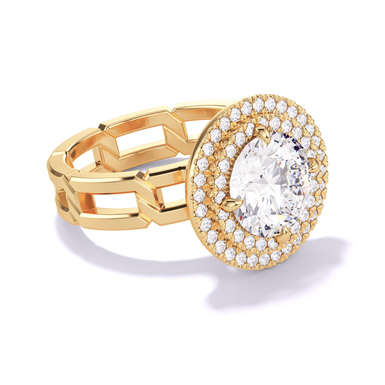 ROUND CUT DIAMOND ENGAGEMENT RING WITH A DOUBLE HALO 8 LINKS SETTING IN 18K YELLOW GOLD