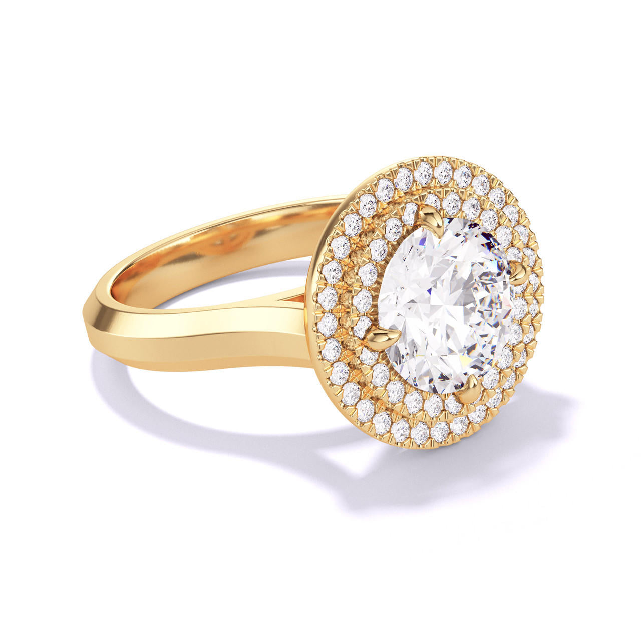 ROUND CUT DIAMOND ENGAGEMENT RING WITH A DOUBLE HALO THREE PHASES SETTING IN 18K YELLOW GOLD