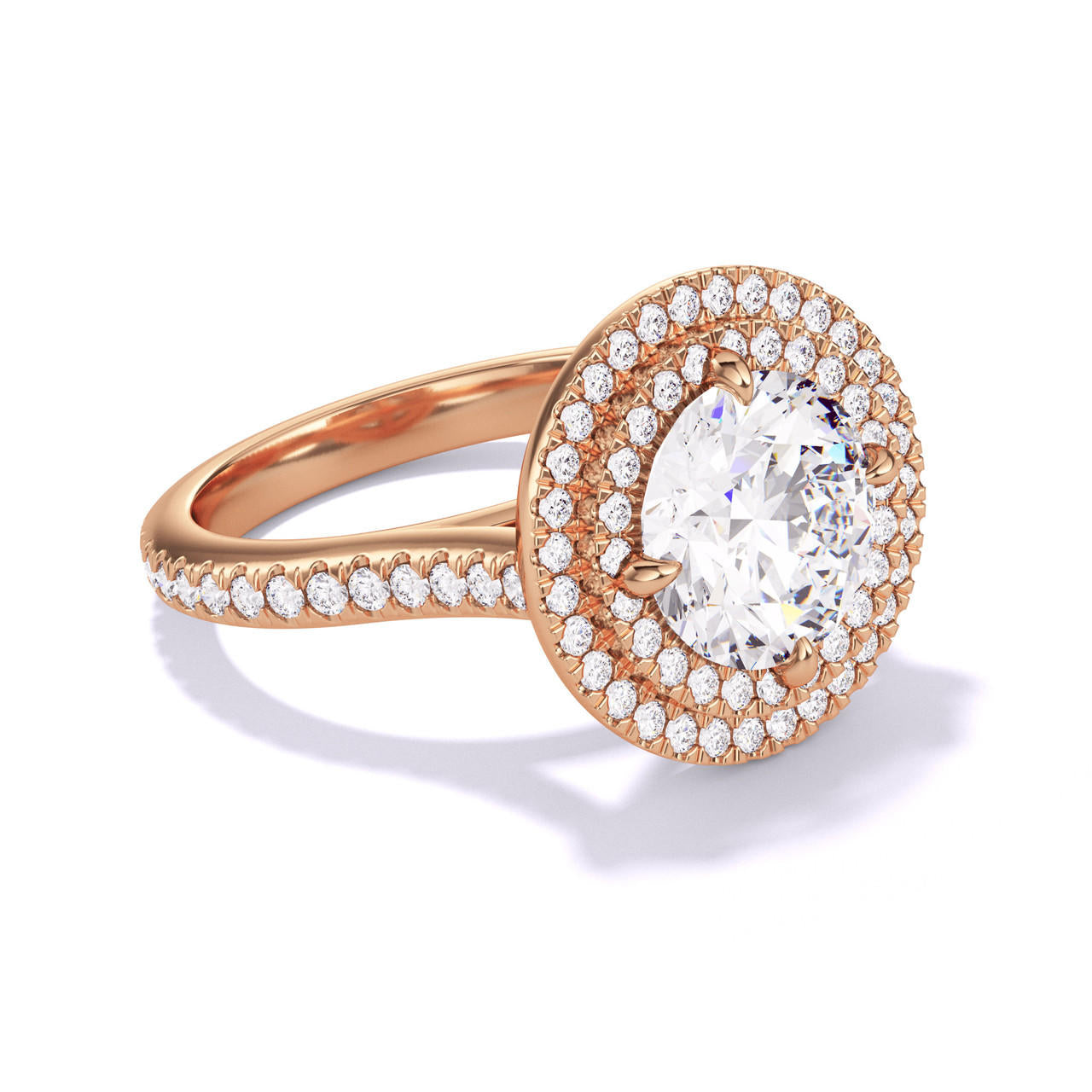 ROUND CUT DIAMOND ENGAGEMENT RING WITH A DOUBLE HALO THREE PHASES PAVE SETTING IN 18K ROSE GOLD