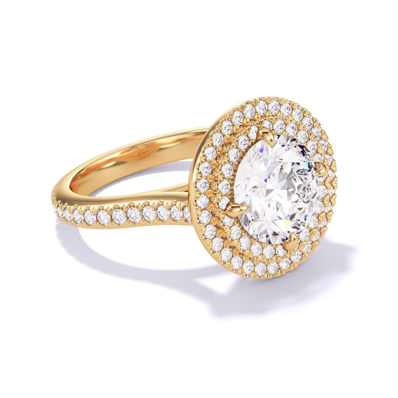 ROUND CUT DIAMOND ENGAGEMENT RING WITH A DOUBLE HALO THREE PHASES PAVE SETTING IN 18K YELLOW GOLD