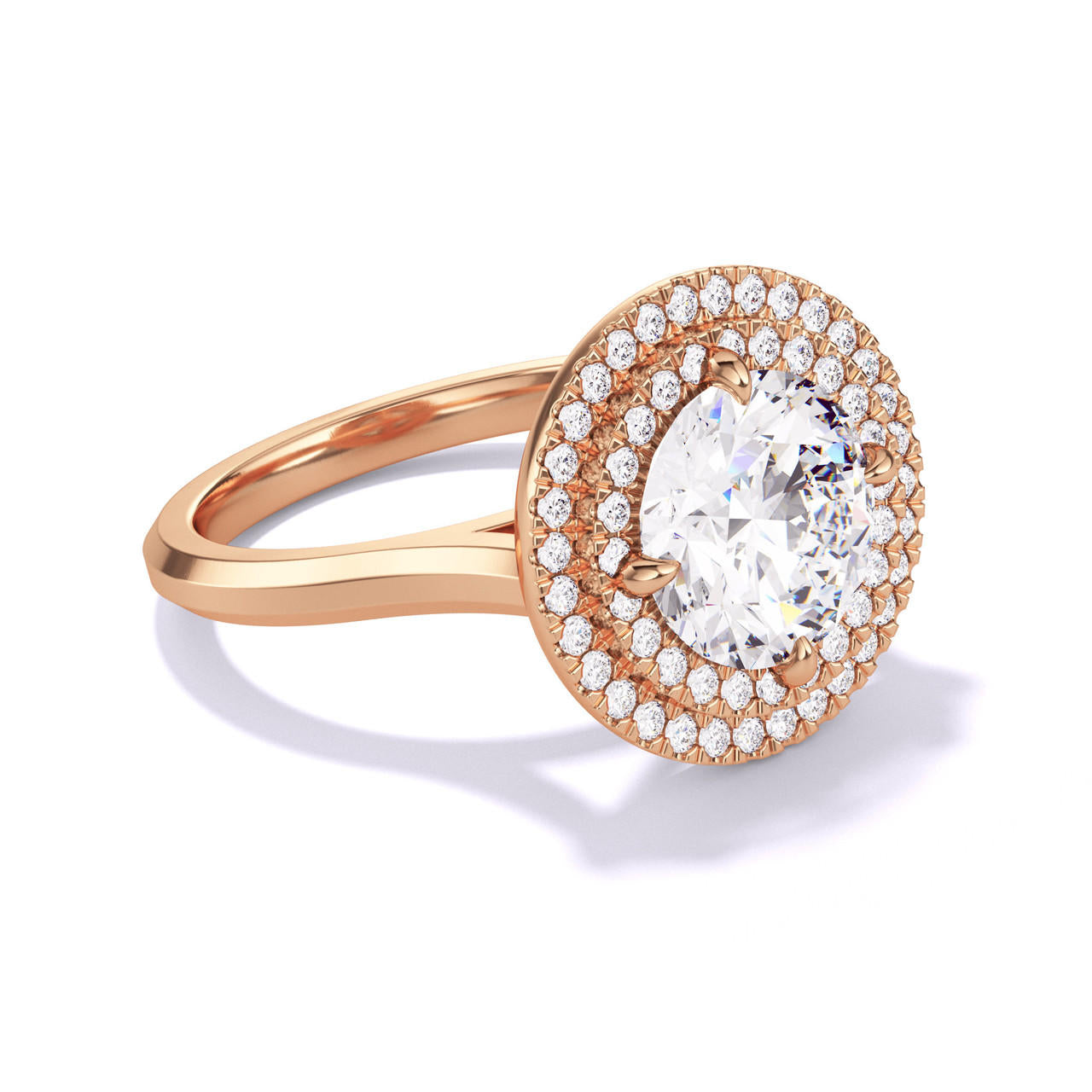 ROUND CUT DIAMOND ENGAGEMENT RING WITH A DOUBLE HALO THREE PHASES SLIM SETTING IN 18K ROSE GOLD