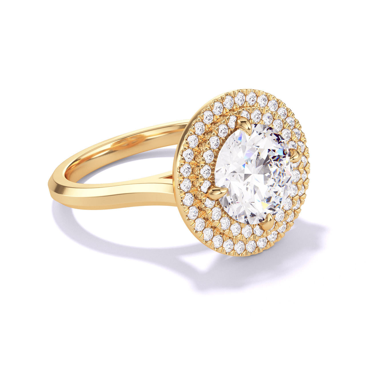 ROUND CUT DIAMOND ENGAGEMENT RING WITH A DOUBLE HALO THREE PHASES SLIM SETTING IN 18K YELLOW GOLD