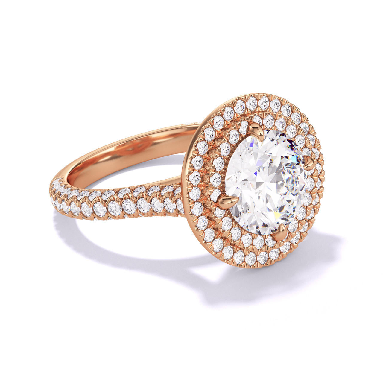 ROUND CUT DIAMOND ENGAGEMENT RING WITH A DOUBLE HALO THREE PHASES TRIPLE PAVE SETTING IN 18K ROSE GOLD