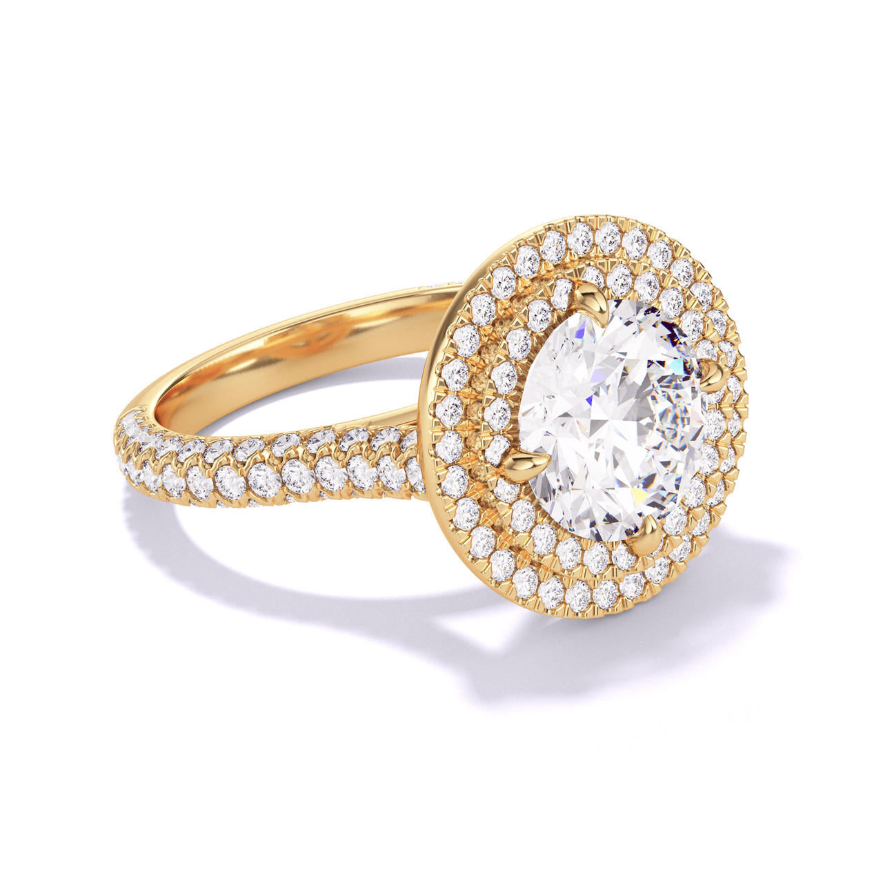 ROUND CUT DIAMOND ENGAGEMENT RING WITH A DOUBLE HALO THREE PHASES TRIPLE PAVE SETTING IN 18K YELLOW GOLD