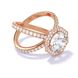 Emerald Cut Diamond Double Halo Ring on a Gold Axis Pave Setting Rose Gold