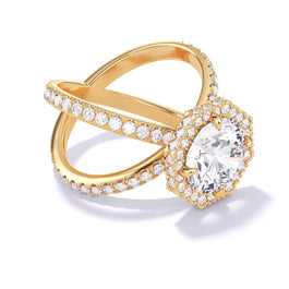 Round cut diamond engagement ring with an octagon halo axis pave setting in 18k yellow gold