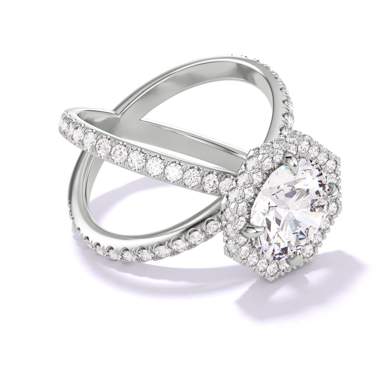 Platinum Round Engagement Ring with an Octagon Halo Axis Pave Setting