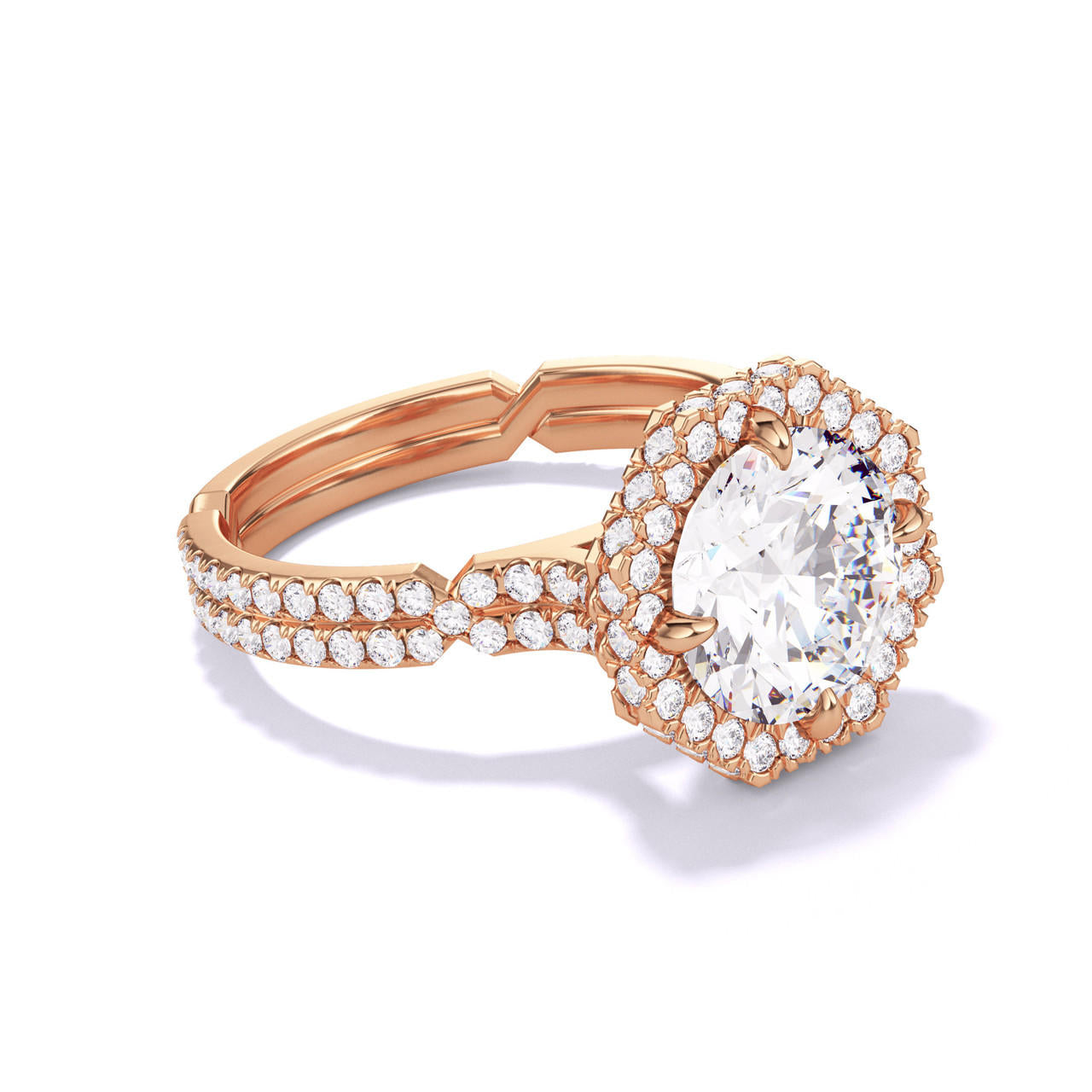 Rose Gold Round Engagement Ring with an Octagon Halo Pave Chance Setting