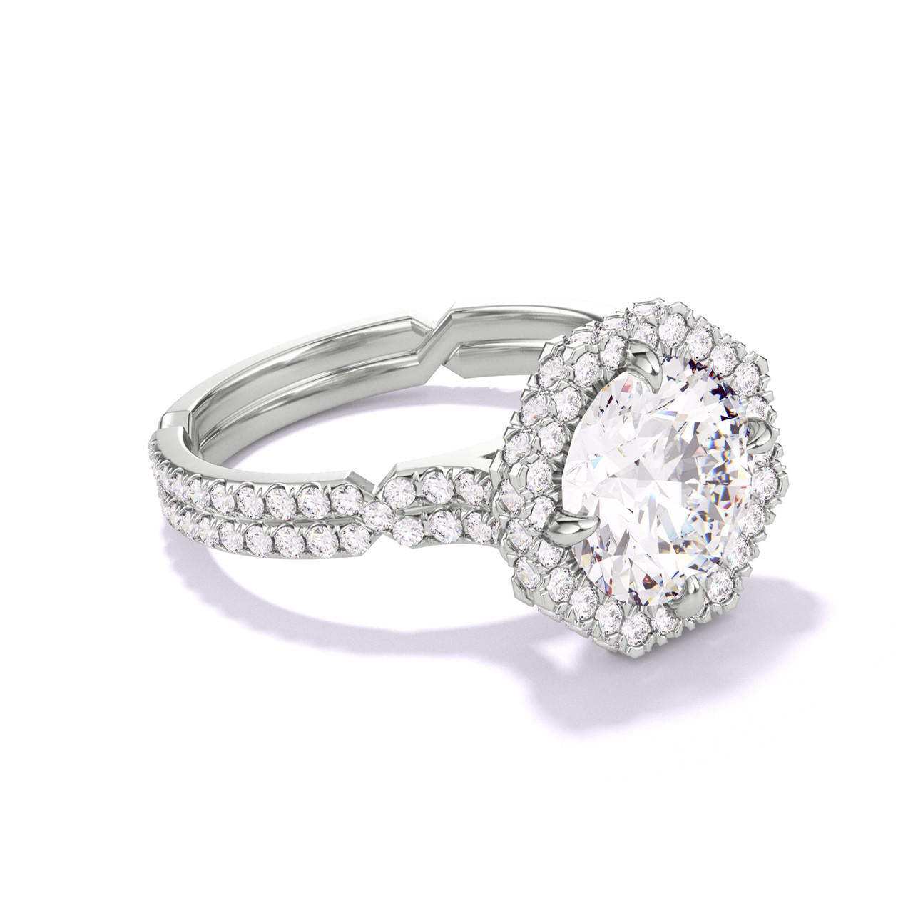 Octagon Halo Engagement Ring on a pave Chance collection band in platinum